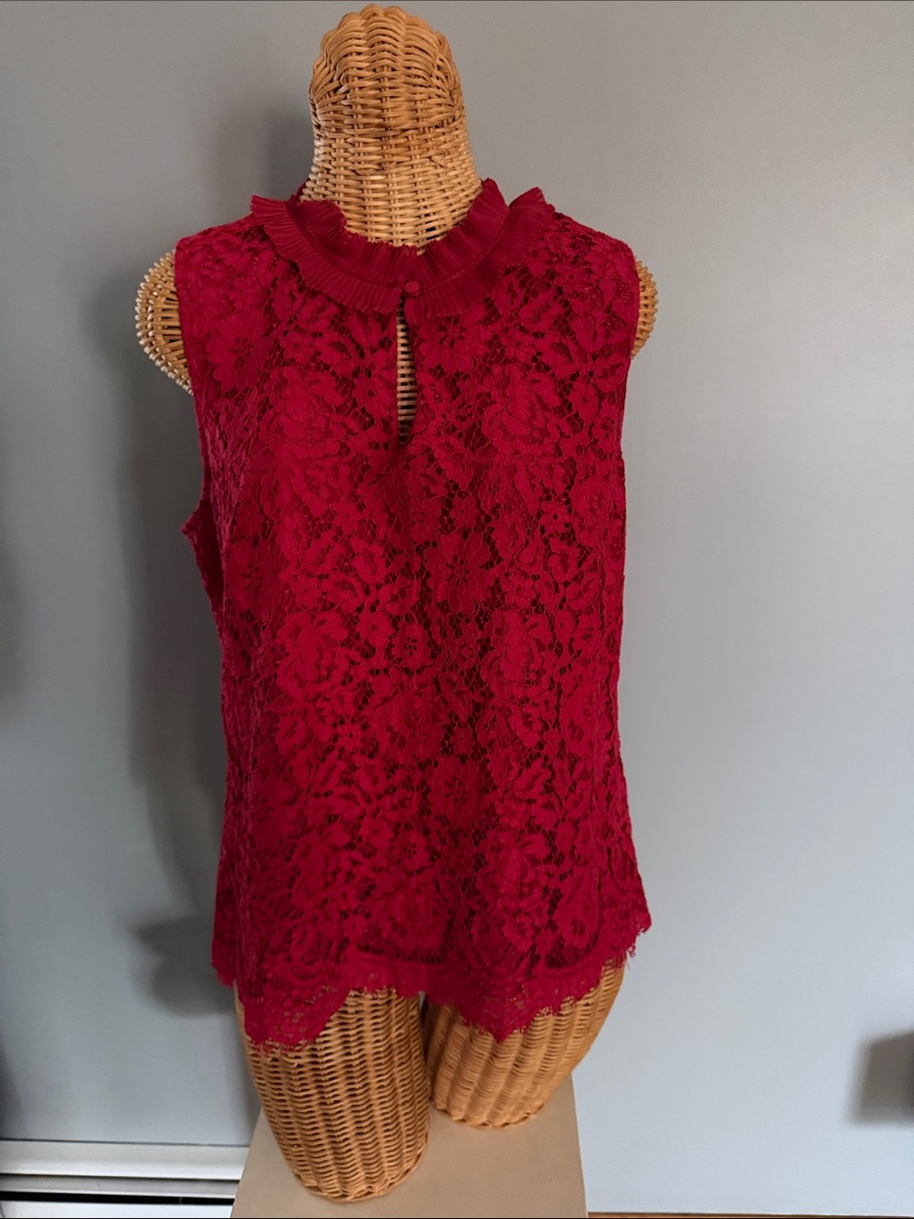 J. Crew Red Sleeveless Lace Shell with Ruffled Collar